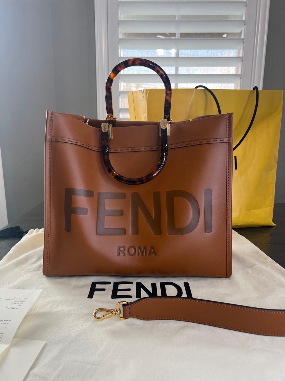 Fendi Brown Leather Tote with Tortoiseshell Handles